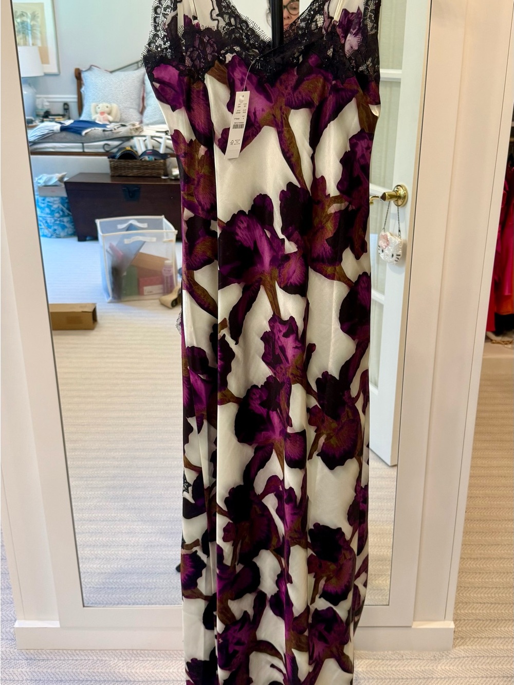 Floral Black Lace-Trim Slip Dress in Stunning Purple & White Print. NWT!